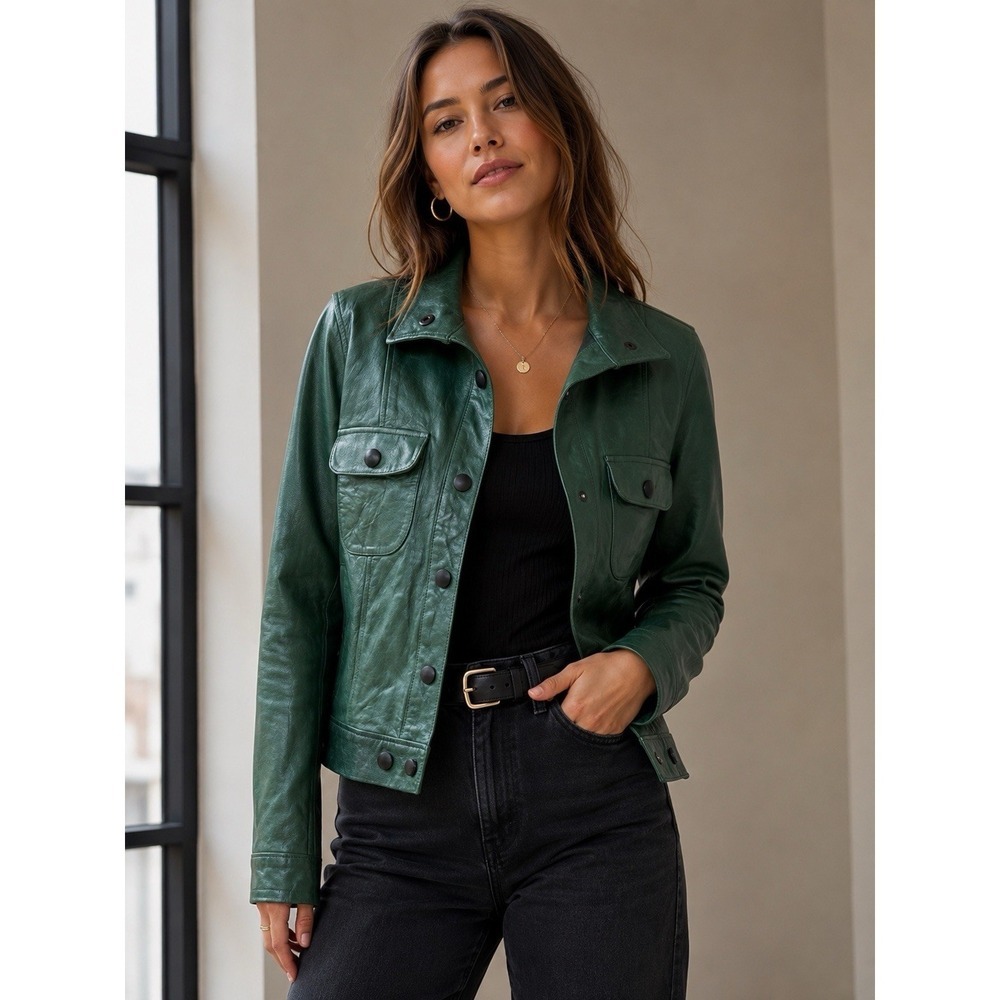 FRAME Atelier Green 100% Lamb Leather Trucker Jacket Snap Front Utility XS - Picture 2 of 12